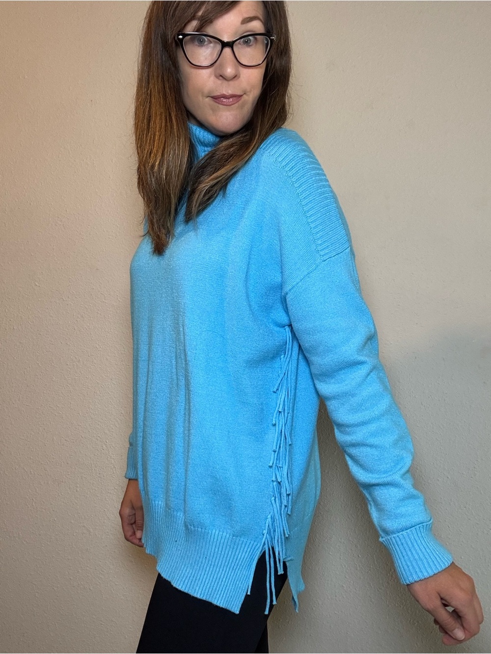 NWT Renuar Turtleneck Side Fringe Sweater Breeze Blue size Large